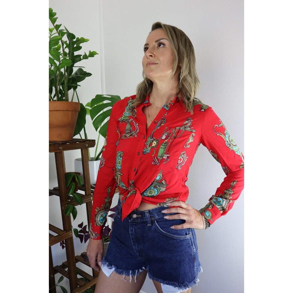 Maeve Anthropologie US 2 UK 6 Red Colorful Antique Clock Print Long Sleeve Shirt